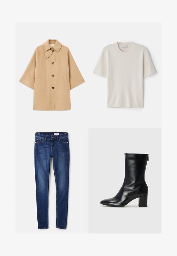 Beige gyapjú mix kabát klasszikus gallérral, elülső gombos záródással és oldalsó zsebekkel; raglán ujjaival és letisztult, strukturált dizájnjával rendelkezik.; Krém színű, rövid ujjú póló, kerek nyakkivágással, puha anyagból készült, egyenes szabású és minimális díszítéssel rendelkezik.; Sötét kék, slim fit farmernadrág, öt zsebbel és diszkrét varrási részletekkel. Simított felület klasszikus, egyenes szárú dizájnnal.; Fekete bőr bokacipő hegyes orral és 4 cm-es blokkfallal. Simán díszített designja oldalra nyíló cipzárral rendelkezik, ami megkönnyíti a felvételt. Simább textúrával.
