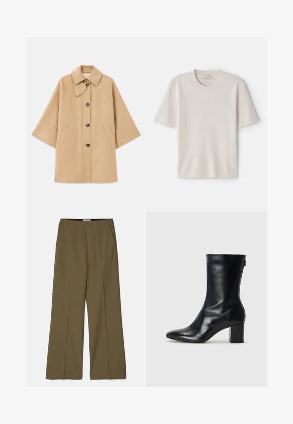 Beige wool blend coat with a classic collar, front button closure, and side pockets; features raglan sleeves and a clean, structured design.; Cream short-sleeve t-shirt with a round neckline, made from soft material, featuring a straight cut and minimal detailing.; Olive green wide-leg trousers with side pockets and a front crease, made from smooth fabric by Tiger of Sweden.; Black leather ankle boot with a pointed toe and 4 cm block heel. Sleek design features a side zipper for easy wear. Smooth texture.