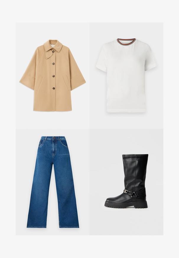 Casaco em mistura de lã bege com colarinho clássico, fecho frontal com botões e bolsos laterais; possui mangas raglan e um design limpo e estruturado.; T-shirt branco de manga curta com decote redondo, apresentando um acabamento listrado em várias cores. Feito de um tecido suave com um corte descontraído.; Jeans de perna larga em denim azul escuro com cintura alta, apresentando bolsos frontais e traseiros, e detalhes de costura em contraste.; Botas pretas até ao joelho, feitas de couro liso, com um detalhe de fivela de lado e uma sola espessa e texturizada para melhor aderência.