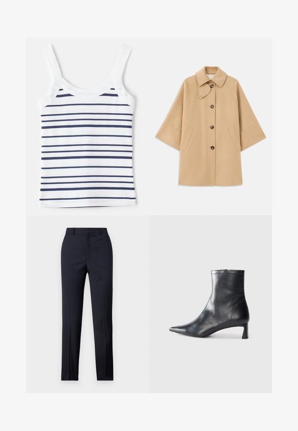 Bežs vilnas maisījuma mētelis ar klasisku apkakli, priekšējo pogu aizdares un sānu kabatām; satur raglanu piedurknes un tīru, strukturētu dizainu.; Svītrains bez piedurknēm, kas izgatavots no ribotām auduma, ar baltām un tumši zila horizontālām svītrām. Iekļautas platās siksnas un apaļa kakla izgriezuma forma.; Jūras spēku stila bikses ar taisnu griezumu, ar gludu tekstūru, divām priekšējām kabatām un tīru jostas vietu.; Melnas ādas potītes zābaki ar norādītu pirkstu un elegantu dizainu. Iezīmē zemu papēdi un rāvējslēdzēja aizdari aizmugurē. Gluda tekstūra.