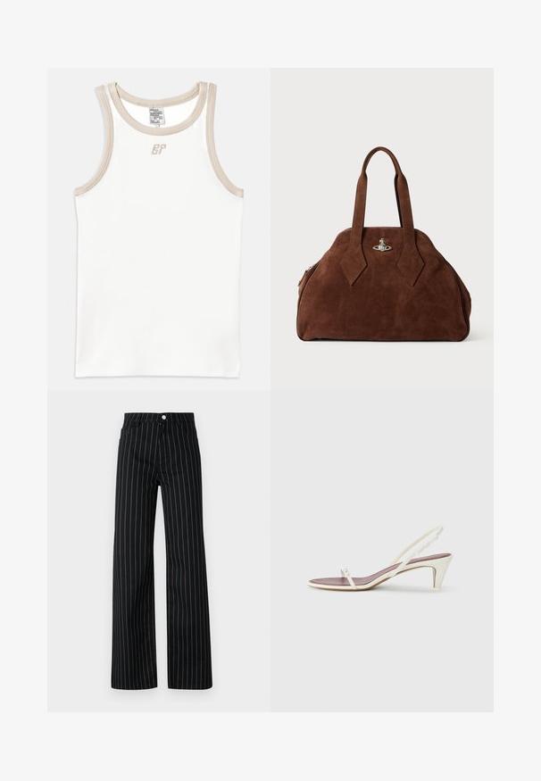 Beige gyapjú mix kabát klasszikus gallérral, elülső gombos záródással és oldalsó zsebekkel; raglán ujjaival és letisztult, strukturált dizájnjával rendelkezik.; Fehér bordás ujjatlan felső bézs díszítéssel és egy kis hímezett logóval az elején, kerek nyakkivágással.; Fekete, széles szárú nadrág, függőleges kék csíkozással, klasszikus öt zsebes kialakítással és elöl gombos záródással.; Fehér, pántos szandál enyhe sarokkal, vékony pántokkal és sima bőr textúrával; kis díszítő csattal rendelkezik.; Barna velúr kézi táska, strukturált formával, kerek testtel és megnyújtott gyémánt alakú fogantyúkkal. Ezüst színű záródással rendelkezik.