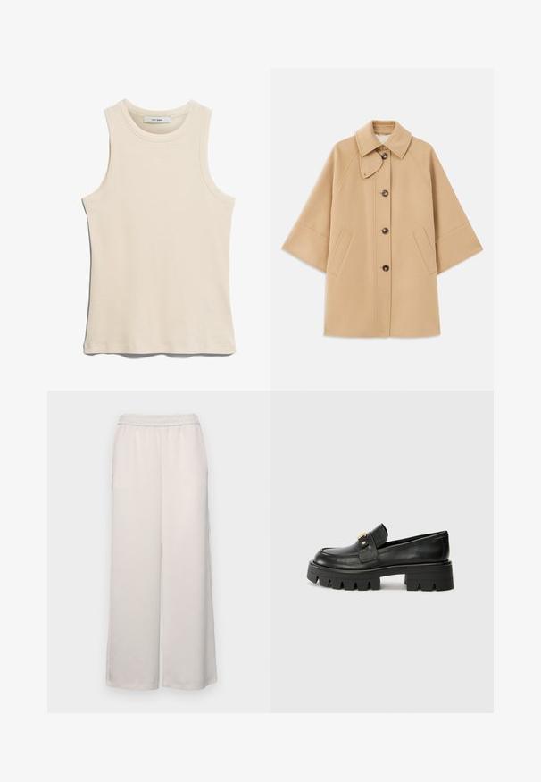 Palton din lână bej, cu un guler clasic, închidere frontală cu nasturi și buzunare laterale; are mâneci raglan și un design curat, structurat.; Tricou fără mâneci de culoare bej deschis, realizat dintr-un material ribbed, cu un decolteu rotund și un design curat, minimalist.; Pantaloni largi de culoare bej deschis, cu talie elastică. Material neted, lungime completă, fără ornamentații sau modele vizibile.; Mocasini negri din piele cu o talpă groasă, având un accent aurit în față și un finisaj neted. Design cu ștanțare groasă pe talpă.