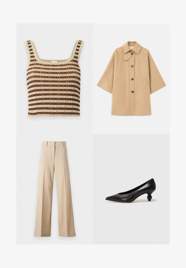 Beige gyapjú mix kabát klasszikus gallérral, elülső gombos záródással és oldalsó zsebekkel; raglán ujjaival és letisztult, strukturált dizájnjával rendelkezik.; Barázdált, rövidített top krémszínben, barna és narancssárga függőleges csíkokkal. Négyzet alakú nyakkivágással és széles pántokkal rendelkezik a támogatás érdekében.; Beige színű, bő szabású nadrág sima anyagból, lapos elejével, redőkkel, cipzáras záródással és övhurkokkal. Összességében testreszabott szabású.; Fekete bőr magassarkú cipő, hegyes orral és kerek, gömbölyű sarokkal. Simább textúrával, elegáns, minimalista dizájnnal.