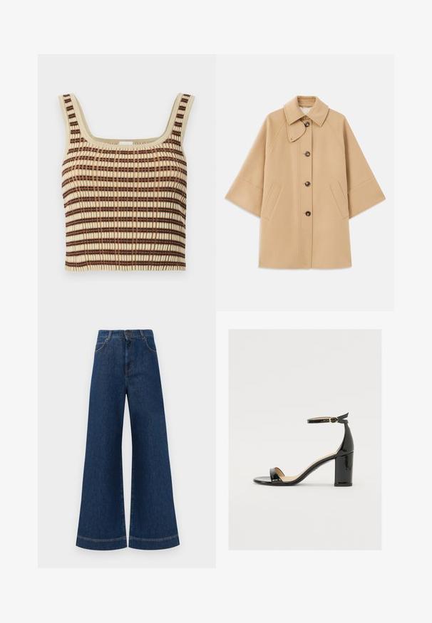 Palton din lână bej, cu un guler clasic, închidere frontală cu nasturi și buzunare laterale; are mâneci raglan și un design curat, structurat.; Top scurt cu bretele, în nuanță crem, cu dungi verticale maronii și portocalii. Prezintă un decolteu pătrat și bretele late pentru susținere.; Jeans din denim albastru cu picioare largi și talie înaltă, având închidere cu buton, bucle pentru curea și detalii discrete de cusut pe buzunare și la tivuri.; Sandal cu toc lat din piele lacuită neagră, cu vârf deschis și curea pentru gleznă, având o cataramă aurie. Textură netedă și design elegant.