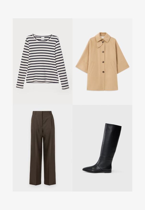 Bežový kabát z vlnenej zmesi s klasickým golierom, predným zapínaním na gombíky a bočnými vreckami; má raglánové rukávy a čistý, štruktúrovaný dizajn.; Dlhý rukáv košele v krémovej farbe s námořníckymi horizontálnymi pruhmi, s okrúhlym výstrihom, ryhovanou textúrou a voľným strihom.; Hnedé široké nohavice s hladkou textúrou, s vysokým pásom, prednými plisovaním a strihom na mieru. Žiadne viditeľné vrecká ani ozdoby.; Čierna kožená čižma po kolená s špicatou špičkou a minimalistickým dizajnom. Hladký povrch a plochá podrážka, s diskrétnymi bočnými švami.
