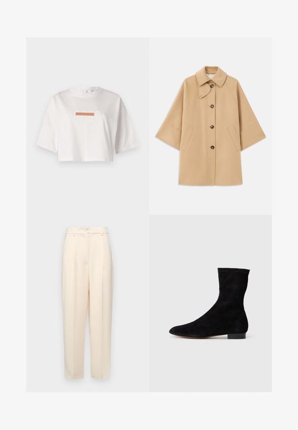 Beige wollen blend jas met een klassieke kraag, sluiting met knopen aan de voorkant en zijzakken; heeft raglanmouwen en een nette, gestructureerde uitstraling.; Witte cropped t-shirt van katoen met korte mouwen en een grafische print met de tekst "ACRESI" en een horizontale oranje streep.; Beige op maat gemaakte broek met een rechte pasvorm, voorzien van plooien aan de voorkant, een gladde textuur en een middelhoge taille. Geen zichtbare zakken.; Zwarte suède enkelboot met een aansluitende schacht, puntige neus en een lage blokhak. Gladde textuur en minimalistisch ontwerp, geschikt voor veelzijdige styling.