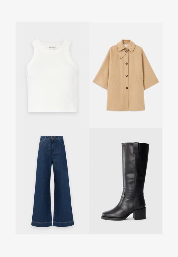 Cappotto in misto lana beige con colletto classico, chiusura frontale con bottoni e tasche laterali; presenta maniche a raglan e un design pulito e strutturato.; Canottiera bianca a coste con spalline larghe e silhouette aderente. Presenta un piccolo logo in rilievo vicino all'orlo.; Jeans in denim blu a gamba larga con vita alta, dotati di chiusura a bottone, passanti per cintura e dettagli di cucitura sottili lungo le tasche e i orli.; Stivali al ginocchio in pelle nera con una texture liscia, punta quadrata, tacco a blocco e linguetta laterale, caratterizzati da dettagli di cucitura minimi.