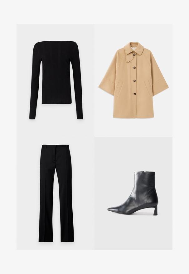 Bež kaput od vune s kombinacijom materijala, klasičnog ovratnika, prednjim zatvorenjem na dugmad i bočnim dzepovima; ima raglan rukave i čist, strukturiran dizajn.; Crna majica dugih rukava s ravnim dekolteom i rebrastom teksturom, koja ima prilagođeni kroj i bez vidljivih hardverskih elemenata ili ukrasa.; Crne ravne hlače od glatke tkanine, s ravnim prednjim dijelom, petljama za remen i bez vidljivih džepova ili ukrasa.; Crne kožne gležnjače s uskim vrhom i elegantnim dizajnom. Imaju niski potpetak i zatvaranje na patentni zatvarač straga. Glatka tekstura.