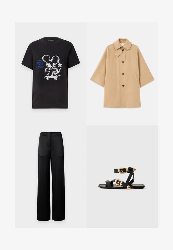Beige Wollmischungsjacke mit klassischem Kragen, durchgehender Knopfleiste und Seitentaschen; verfügt über Raglanärmel und ein sauberes, strukturiertes Design.; Schwarzes T-Shirt mit einem Skateboard fahrenden Cartoon-Mausdesign in Weiß und Blau, mit einem verspielten Textelement und kurzen Ärmeln.; Schwarze weit geschnittene Hose mit strukturierter Oberfläche, ausgestattet mit einem flachen Bund und zwei Seitentaschen. Der Stoff wirkt leicht und fließend.; Schwarze Ledersandalen mit goldenen Schnallenakzenten, die mehrere Riemen und ein flaches Sohlendesign für das Tragen mit offenen Zehen bieten.