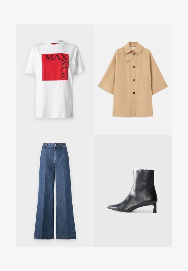 Abrigo de mezcla de lana color beige con un cuello clásico, cierre delantero de botones y bolsillos laterales; presenta mangas raglán y un diseño limpio y estructurado.;  camiseta de algodón blanca con un gráfico rectangular rojo audaz que presenta el texto negro "MAX & Co." en varios tamaños, corte relajado, mangas cortas.; Jeans de mezclilla azul de pierna ancha con cintura alta, que cuentan con un estilo clásico de cinco bolsillos y un cierre de botón, confeccionados en tela de algodón texturizado.; Botín de cuero negro hasta el tobillo con punta afilada y un diseño elegante. Presenta un tacón bajo y un cierre con cremallera en la parte trasera. Textura suave.