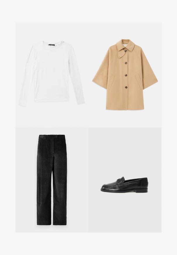 Manteau en mélange de laine beige avec un col classique, fermeture à boutons à l'avant et poches latérales ; présente des manches raglan et un design épuré et structuré.; T-shirt blanc à manches longues en tissu doux, avec un col rond classique et une coupe décontractée, sans motifs ni accents visibles.; Pantalons larges noirs texturés avec un tissage prononcé, dotés de plis à l'avant et d'une taille plate. Design classique pour la polyvalence.; Mocassins en cuir noir avec une tige lisse, motif linéaire en relief et une boucle décorative sur le devant. Talon bas et carré.