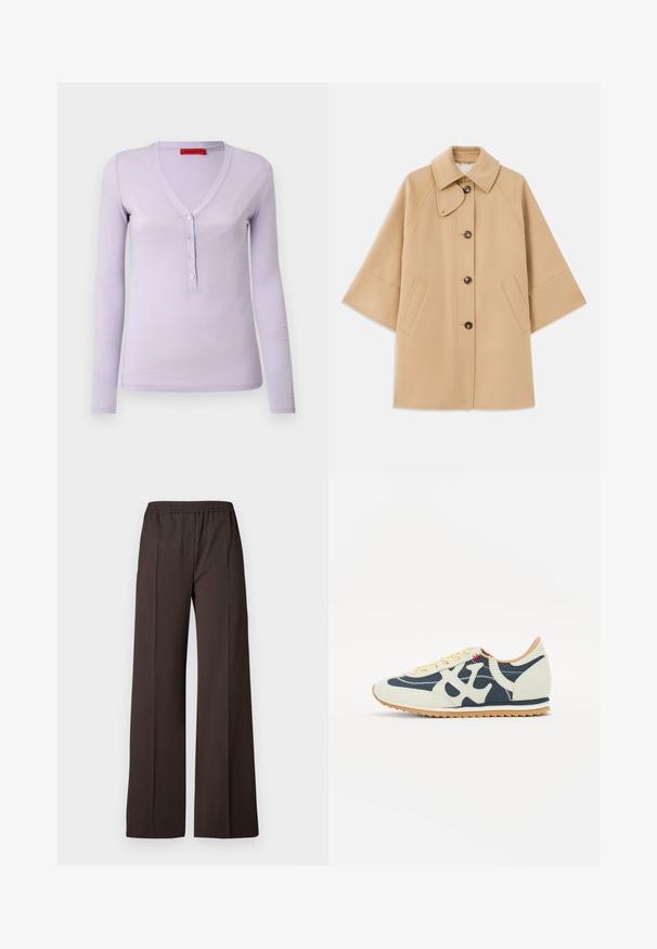 Beige wollen blend jas met een klassieke kraag, sluiting met knopen aan de voorkant en zijzakken; heeft raglanmouwen en een nette, gestructureerde uitstraling.; Lila langärmelig shirt met een V-hals, voorzien van een vijfknopenlijst en een zachte, lichte stof. Eenvoudig, aansluitend ontwerp.; Wijdvallende broek in donkerbruin stof met een elastische tailleband, voorzien van een gladde textuur en scherpe lijnen voor een verzorgd uiterlijk.; Sneaker met een mix van crème, marineblauw en suède materialen, vetersluiting, diagonale stiksels en een rubberen zool met grip.