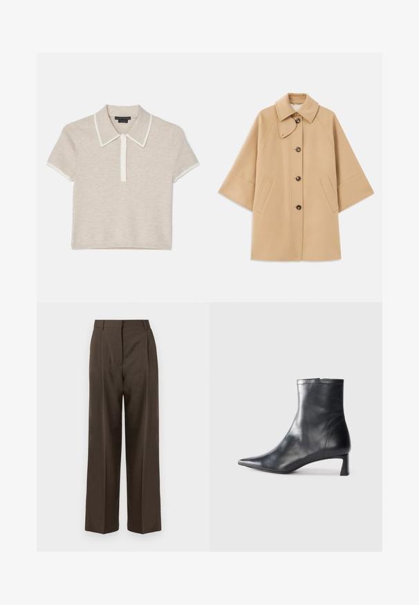 Beżowy płaszcz z wełny z klasycznym kołnierzem, z przodu zapinany na guziki, z kieszeniami po bokach; posiada rękawy raglanowe oraz prosty, uporządkowany fason.; Alice + Olivia MEDA POLO mleczny; Brązowe spodnie o szerokich nogawkach, gładkiej fakturze, z wysokim stanem, plisami z przodu i dopasowanym fasonie. Brak widocznych kieszeni i ozdób.; Czarne skórzane botki sięgające kostki z ostrym noskiem i eleganckim designem. Posiadają niski obcas oraz zamek błyskawiczny z tyłu. Gładka faktura.