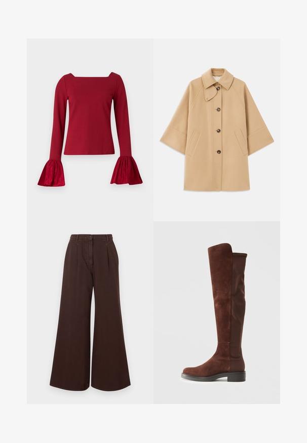 Abrigo de mezcla de lana color beige con un cuello clásico, cierre delantero de botones y bolsillos laterales; presenta mangas raglán y un diseño limpio y estructurado.; Camiseta roja de manga larga con escote cuadrado. Presenta mangas acampanadas y con textura, y un cuerpo liso. Está hecha de un tejido suave.; Pantalones marrones de pierna ancha de talle alto con cierre de botón y cremallera, trabillas para cinturón y pinzas delanteras.; Bota alta de ante marrón y tela con tacón bajo negro y punta redondeada, mostrada en vista lateral sobre fondo blanco liso.