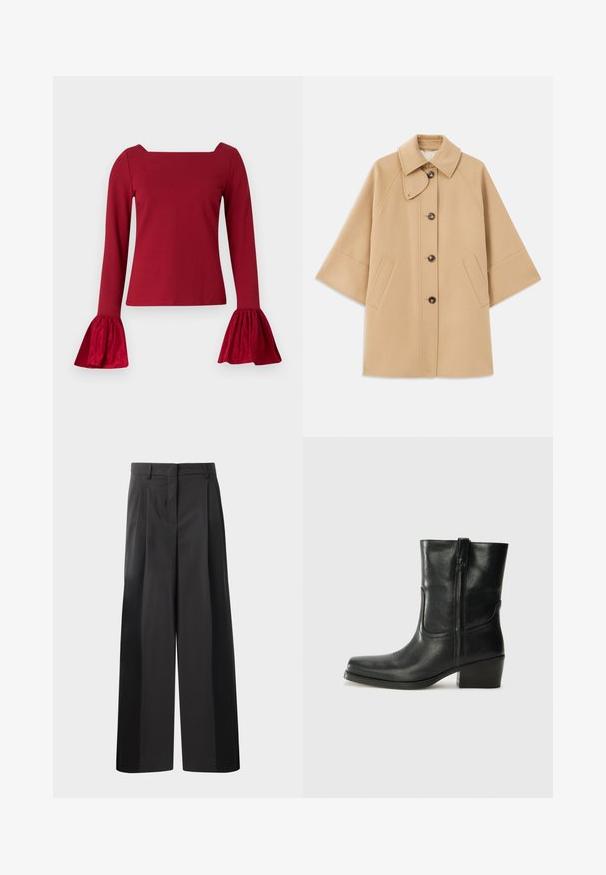 Beige kabát z vlněné směsi s klasickým límcem, zapínáním na knoflíky vpředu a bočními kapsami; má raglánové rukávy a čistý, strukturovaný design.; Červený top s dlouhým rukávem a čtvercovým výstřihem. Má rozšířené, texturované rukávy a hladké tělo. Vyrobeno z jemné tkaniny.; Černé kalhoty širokého střihu s vysokým pasem, které mají přední sklady, hladký povrch a upravený vzhled. Navrženy pro volný střih.; Černá kožená kotníková bota s kulatou špičkou, blokovým podpatkem, bočním zipem a prošíváním na svršku. Hladký povrch, klasický design.