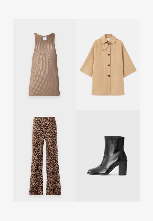 Beige wool blend coat with a classic collar, front button closure, and side pockets; features raglan sleeves and a clean, structured design.; Beige, sleeveless knit top with a ribbed texture, featuring an A-line shape and subtle diagonal stitching details.; Leopard print wide-leg pants in beige and black, featuring a smooth texture and tapered hem. Design with standard waistband and pockets.; Black leather ankle boot with a smooth texture, pointed toe, and a chunky high heel. Features a side opening and minimalistic design.