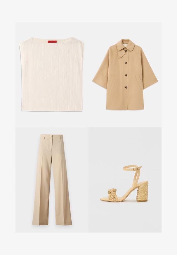 Šviesiai rudas vilnos mišinys paltas su klasikiniu apykakle, priekyje mygtukais užsegamas, ir šoninėmis kišenėmis; turi raglan tipo rankoves ir švarų, struktūrizuotą dizainą.; Kreminės spalvos viršus, pagamintas iš raukšlėtos medžiagos, su plačia apykakle ir neformos siluetu. Prie apykaklės siuvinėta etiketė raudona spalva.; Smėliniai plačių kojų kelnių pagamintos iš lygaus audinio, su plokščiu priekiu su klostėmis, užtrauktuku ir kilpomis diržui. Visapusiškai pritaikyta forma.; Bežiniai aukšti kulniukai su pintu tekstūra, puošiami dekoratyvine gėle ir kulkšnies dirželiu. Kvadratinis kulnas suteikia stabilumo.