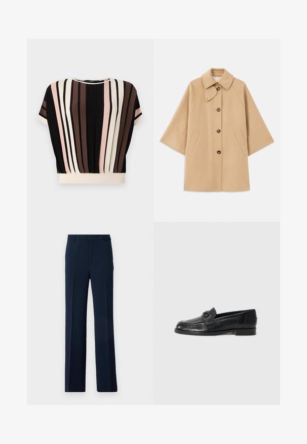 Beige wollen blend jas met een klassieke kraag, sluiting met knopen aan de voorkant en zijzakken; heeft raglanmouwen en een nette, gestructureerde uitstraling.; T-shirt met korte mouwen en verticale strepen in zwart, crème, roze en bruin. Heeft een ronde halslijn en een ontspannen pasvorm met een crèmekleurige zoom.; Marineblauwe broek van glad stoffen, met een recht model, vooraan geplooid en met zijzakken voor een verfijnde uitstraling.; Zwarte leren instappers met een gladde bovenkant, gegraveerd lijnpatroon en een decoratieve gespaccent op de wreef. Lage blokhak.