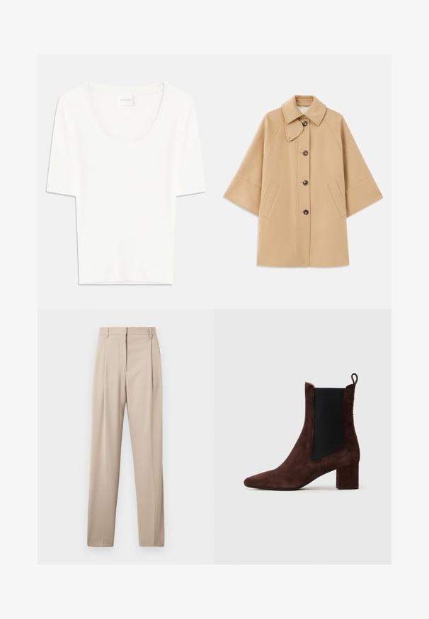 Beige gyapjú mix kabát klasszikus gallérral, elülső gombos záródással és oldalsó zsebekkel; raglán ujjaival és letisztult, strukturált dizájnjával rendelkezik.; Fehér, rövid ujjú póló lekerekített nyakkivágással. Puha pamutszövetből készült, laza szabású és minimális dizájnnal rendelkezik.; Beige, egyenes szárú, fazonra szabott nadrág, elöl redőkkel és övhurkokkal, sima anyagból készült.; Sötétbarna velúr bokacsizma tömbsarkal, fekete elasztikus oldalpanelekkel és húzófüllel a hátsó részen, világos háttér előtt.