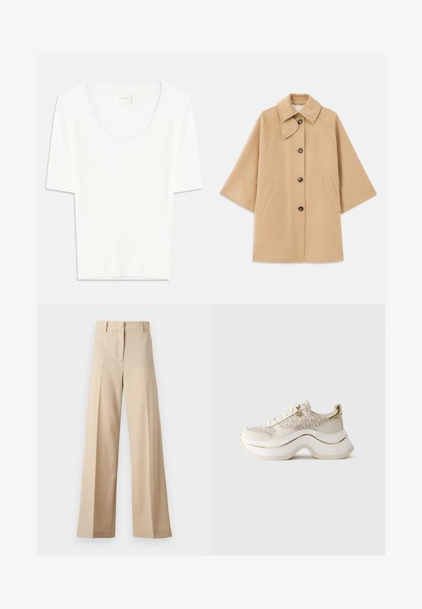 Bežs vilnas maisījuma mētelis ar klasisku apkakli, priekšējo pogu aizdares un sānu kabatām; satur raglanu piedurknes un tīru, strukturētu dizainu.; Balta T-kreklu ar īsām piedurknēm un noapaļotu kakla izgriezumu. Izgatavota no mīkstas kokvilnas auduma, tai ir brīva forma un minimāls dizains.; Bēža platā kāju bikses, izgatavotas no gludas auduma, ar plakanu priekšpusi un krokām, ar rāvējslēdzēja aizdari un jostu cilpām. Visā garumā pielāgota piegriezuma.; Bēša un zelta platforma kedu ar "MK" rakstu, auklēm, zelta piekariņu un biezu viļņotu zolīti uz vienkārša fona.