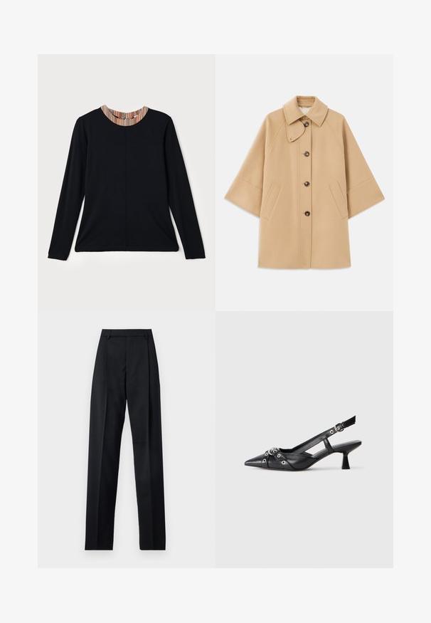 Beżowy płaszcz z wełny z klasycznym kołnierzem, z przodu zapinany na guziki, z kieszeniami po bokach; posiada rękawy raglanowe oraz prosty, uporządkowany fason.; Czarna bluzka z długim rękawem i okrągłym dekoltem, ozdobiona wielokolorowym paskiem na kołnierzu. Gładki materiał w luźnym kroju.; Czarne spodnie wykonane z gładkiego materiału, z wysokim stanem, szerokimi nogawkami, fałdami z przodu i klasycznymi szlufkami na pasek. Brak widocznych kieszeni bocznych.; Czarne skórzane buty typu slingback z ostrym noskiem, ozdobnymi paskami z metalowymi oczkami oraz niskim klinowym obcasem. Teksturowana powierzchnia.