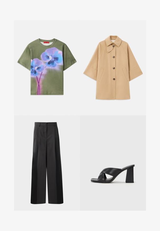 Beżowy płaszcz z wełny z klasycznym kołnierzem, z przodu zapinany na guziki, z kieszeniami po bokach; posiada rękawy raglanowe oraz prosty, uporządkowany fason.; Oliwkowa koszulka z krótkim rękawem, ozdobiona dużą grafiką niebieskich i fioletowych kwiatów z ciemnymi środkami, z okrągłym dekoltem.; Czarne szerokie spodnie z wysokim stanem, z przodu z fałdami, o gładkiej fakturze i dopasowanym wykończeniu. Zaprojektowane z myślą o luźnym kroju.; MAX&Co. SOHO czarny