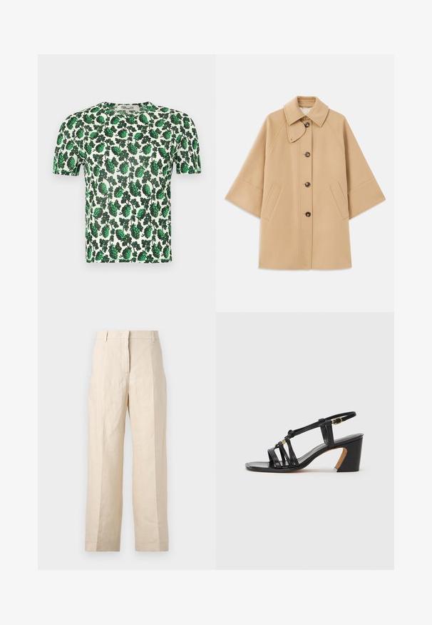 Beige kabát z vlněné směsi s klasickým límcem, zapínáním na knoflíky vpředu a bočními kapsami; má raglánové rukávy a čistý, strukturovaný design.; Zelený květinový top s krátkým rukávem, zdobený velkými listovými vzory na bílém pozadí, vyrobený z lehkého, elastického materiálu.; Bežové lněné kalhoty s volným střihem, sklady na přední straně a rovnými nohavicemi. Mají pas s poutky na opasek a žádné viditelné kapsy.; Paul Smith AMIRA - Klasické lodičky - black