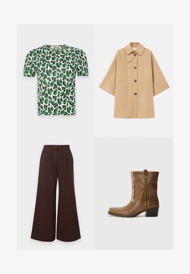 Casaco em mistura de lã bege com colarinho clássico, fecho frontal com botões e bolsos laterais; possui mangas raglan e um design limpo e estruturado.; Top curto de mangas curtas com padrão floral verde, apresentando grandes folhas num fundo branco, feito de um material leve e elástico.; Calças largas de cintura alta, castanhas, com fecho de botão e zíper, passantes para cinto e pregas frontais.; Bota de tornozelo em couro castanho com bico quadrado, acabamento texturizado e salto baixo em camadas. Apresenta uma alça na parte de trás e detalhes de costura discretos.