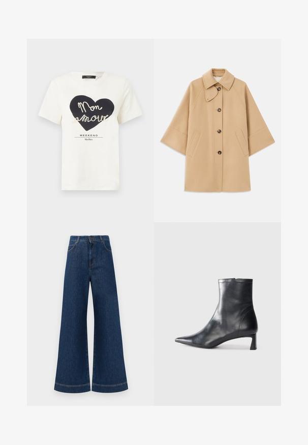 Beige Wollmischungsjacke mit klassischem Kragen, durchgehender Knopfleiste und Seitentaschen; verfügt über Raglanärmel und ein sauberes, strukturiertes Design.; Weißes Baumwoll-T-Shirt mit einem schwarzen Herz-Graphic und "Mon amour" in weißer kursiver Schrift sowie "WEEKEND MaxMara" darunter.; Weite blaue Jeans aus Denim mit hoher Taille, ausgestattet mit einem Knopfverschluss, Gürtelschlaufen und dezenten Stichdetails an den Taschen und Säumen.; Schwarze Lederstiefelette mit spitzer Zehe und schlankem Design. Verfügt über einen niedrigen Absatz und einen Reißverschluss hinten. Glatte Textur.
