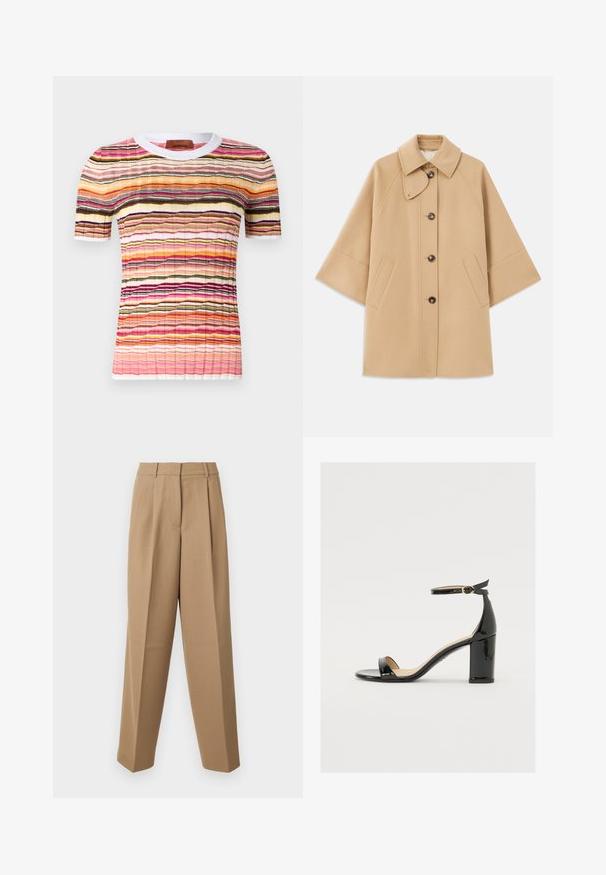 Palton din lână bej, cu un guler clasic, închidere frontală cu nasturi și buzunare laterale; are mâneci raglan și un design curat, structurat.; Camisetă tricotată cu mânecă scurtă, multicoloră, cu un model de dungi ondulate în nuanțe de roz, portocaliu, negru și galben. Prezintă un guler ribit alb.; Pantaloni bej, croiți, cu talie înaltă, față pliseată și croi larg. Materialul pare neted, cu un ușor luciu.; Sandal cu toc lat din piele lacuită neagră, cu vârf deschis și curea pentru gleznă, având o cataramă aurie. Textură netedă și design elegant.