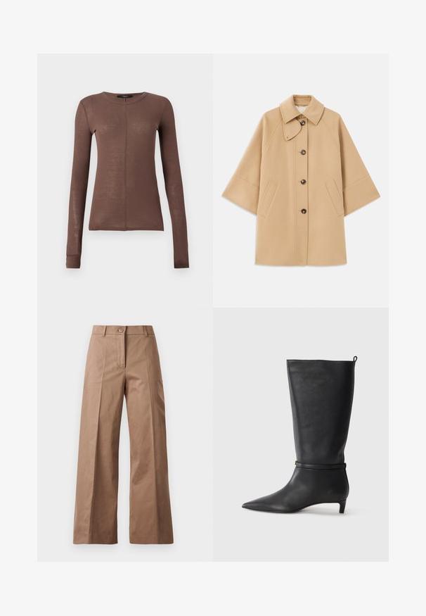 Beige wool blend coat with a classic collar, front button closure, and side pockets; features raglan sleeves and a clean, structured design.; Brown long-sleeve top made of lightweight, smooth fabric. Features a round neckline and subtle front seam detail.; Brown wide-leg trousers made from a smooth fabric, featuring a front button closure, two front pockets, and clean, tailored lines.; Black leather knee-high boot with a pointed toe, accented by a circular strap around the ankle and a low, tapered heel. Smooth texture.