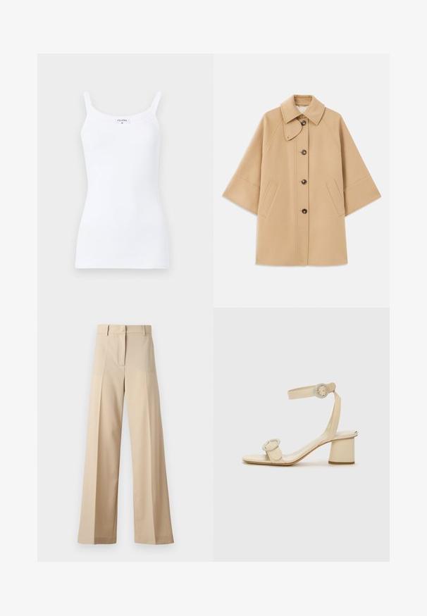 Bežs vilnas maisījuma mētelis ar klasisku apkakli, priekšējo pogu aizdares un sānu kabatām; satur raglanu piedurknes un tīru, strukturētu dizainu.; Balts ribēts topiņš ar plānām siksnām, ar vienkāršu dizainu un pieguļošu siluetu. Audums ir gluds ar nelielu stiepšanos.; Bēža platā kāju bikses, izgatavotas no gludas auduma, ar plakanu priekšpusi un krokām, ar rāvējslēdzēja aizdari un jostu cilpām. Visā garumā pielāgota piegriezuma.; Bežīgi augstpapēžu sandales ar minimālistisku dizainu, kas izceļas ar divām apļu akcentiem un masīlu papēdi. Izgatavotas no gludas ādas.