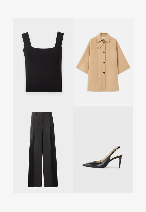 Cappotto in misto lana beige con colletto classico, chiusura frontale con bottoni e tasche laterali; presenta maniche a raglan e un design pulito e strutturato.; Top in tessuto liscio con scollo quadrato nero. Presenta spalline larghe e una silhouette aderente con orlo pulito. Senza motivi visibili.; Pantaloni neri a gamba larga con vita alta, caratterizzati da pieghe frontali, una texture liscia e una finitura sartoriale. Progettati per un fit rilassato.; Slingback in pelle nera con i tacchi alti a punta, cinturino regolabile e tacco a spillo elegante, caratterizzati da una finitura liscia.