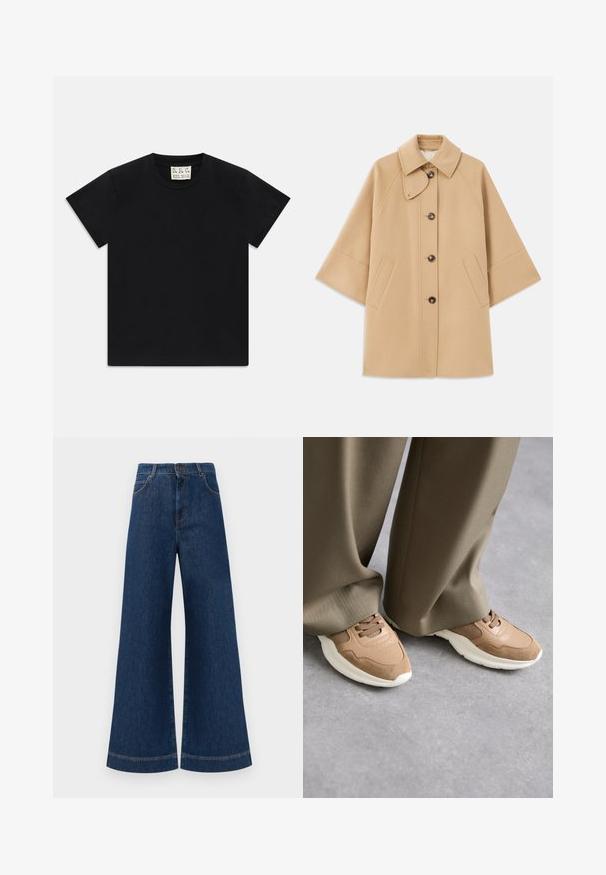 Casaco em mistura de lã bege com colarinho clássico, fecho frontal com botões e bolsos laterais; possui mangas raglan e um design limpo e estruturado.; Camiseta preta de manga curta com decote redondo e uma etiqueta branca dentro do colarinho rotulada "D.R.C. EST. 2002" sobre um fundo branco.; Jeans azul de perna larga com cintura alta, apresentando um fecho de botão, passantes para cinto e detalhes de costura discretos ao longo dos bolsos e das bainhas.; Sapatilhas desportivas castanhas com uma mistura de pele suave e materiais em malha, com uma sola de borracha branca e discretos detalhes de perfuração.