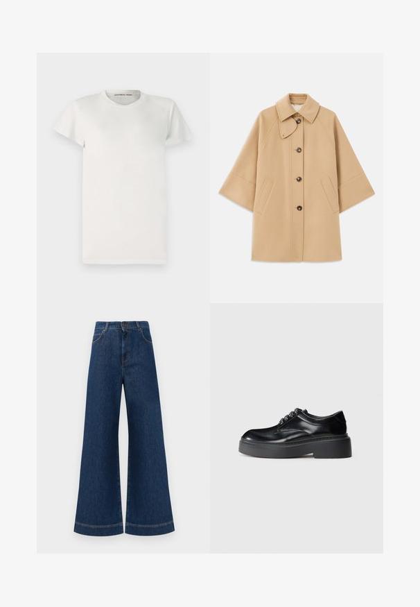 Beige wool blend coat with a classic collar, front button closure, and side pockets; features raglan sleeves and a clean, structured design.; White short-sleeve t-shirt made of cotton with a round neckline and simple cut. Tags display "DESIGNERS REMIX" inside the collar.; Wide-leg blue denim jeans with a high waist, featuring a button closure, belt loops, and subtle stitching details along the pockets and hems.; Black leather shoes with a rounded toe, thick platform sole, and decorative lace detailing. Smooth texture and contrast stitching visible.