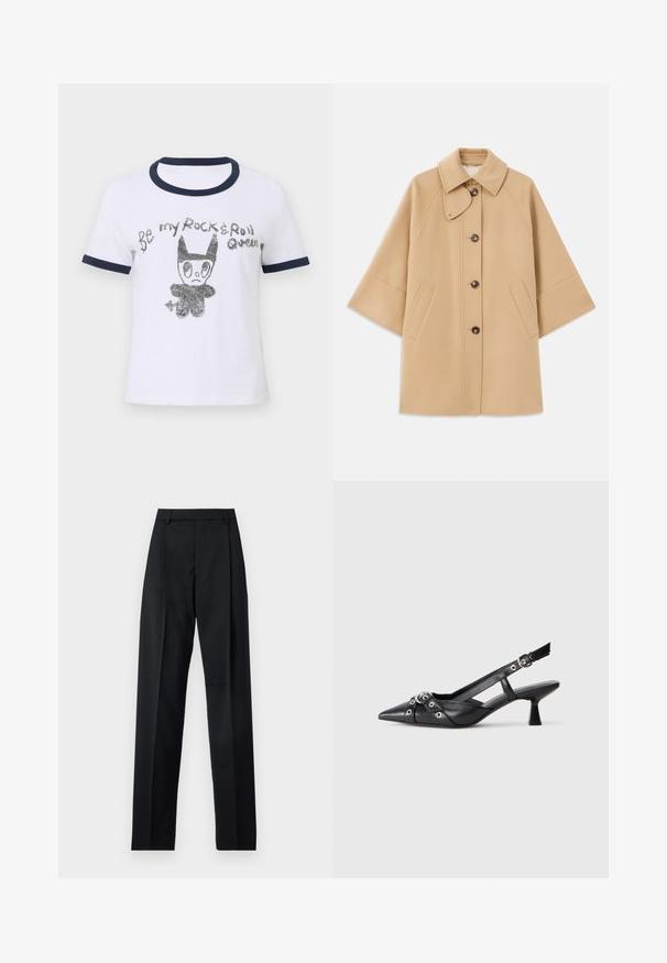 Beige uldblandingsfrakke med klassisk krave, frontknaplukning og sidelommer; har raglanærmer og et rent, struktureret design.; Hvid bomulds T-shirt med marineblå ribbet krave og ærmer, prydet med en sort og sølv grafik af en tegneseriefigur og tekst.; Sorte bukser lavet af glat stof, der har høj talje, brede ben, frontfolder og klassiske bælteløkker. Ingen synlige sidelommer.; Sort lædersandal med spids tå, dekorative stropper med metaløjer og en lav blokhæl. Struktureret overflade.