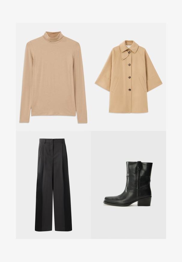 Beżowy płaszcz z wełny z klasycznym kołnierzem, z przodu zapinany na guziki, z kieszeniami po bokach; posiada rękawy raglanowe oraz prosty, uporządkowany fason.; Beżowa bluzka z długim rękawem i golfem, wykonana z miękkiego, teksturowanego materiału; charakteryzuje się dopasowanym krojem i wysokim dekoltem. Bez widocznych wzorów czy metalowych elementów.; Czarne szerokie spodnie z wysokim stanem, z przodu z fałdami, o gładkiej fakturze i dopasowanym wykończeniu. Zaprojektowane z myślą o luźnym kroju.; Czarne skórzane botki za kostkę z okrągłym noskiem, słupkowym obcasem, bocznym zamkiem i przeszyciami na cholewce. Gładka tekstura, klasyczny design.