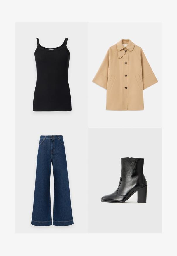 Beige wool blend coat with a classic collar, front button closure, and side pockets; features raglan sleeves and a clean, structured design.; Black ribbed tank top with thin shoulder straps, featuring a rounded neckline and a fitted design. Soft texture and stretchy fabric.; Wide-leg blue denim jeans with a high waist, featuring a button closure, belt loops, and subtle stitching details along the pockets and hems.; Black leather ankle boot with a smooth texture, pointed toe, and a chunky high heel. Features a side opening and minimalistic design.
