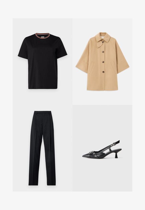 Šviesiai rudas vilnos mišinys paltas su klasikiniu apykakle, priekyje mygtukais užsegamas, ir šoninėmis kišenėmis; turi raglan tipo rankoves ir švarų, struktūrizuotą dizainą.; Paul Smith WOMENS STRIPE NECK - Paprasti marškinėliai - black; Juodos kelnės iš lygaus audinio, pasižyminčios aukštu liemeniu, plačiomis kojomis, priekinėmis klostėmis ir klasikiais diržo kilpomis. Šoninių kišenių nematyti.; Juodas odinis slingback tipo batai su smailiu priekiniu atvartu, dekoratyvinėmis sagtimis su metaliniais akyčiais ir žemu blokiniu kulnu. Saldus paviršius.