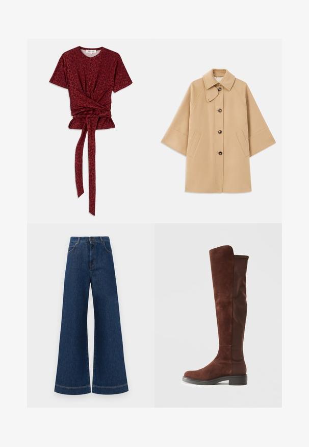 Casaco em mistura de lã bege com colarinho clássico, fecho frontal com botões e bolsos laterais; possui mangas raglan e um design limpo e estruturado.; T-shirt com estampa de leopardo vermelha, com decote redondo, mangas curtas e detalhe de cintura nó; feito de um tecido suave e texturizado.; Jeans azul de perna larga com cintura alta, apresentando um fecho de botão, passantes para cinto e detalhes de costura discretos ao longo dos bolsos e das bainhas.; Bota alta em camurça marrom e tecido, com salto baixo preto e bico arredondado, apresentada em vista lateral sobre fundo branco liso.