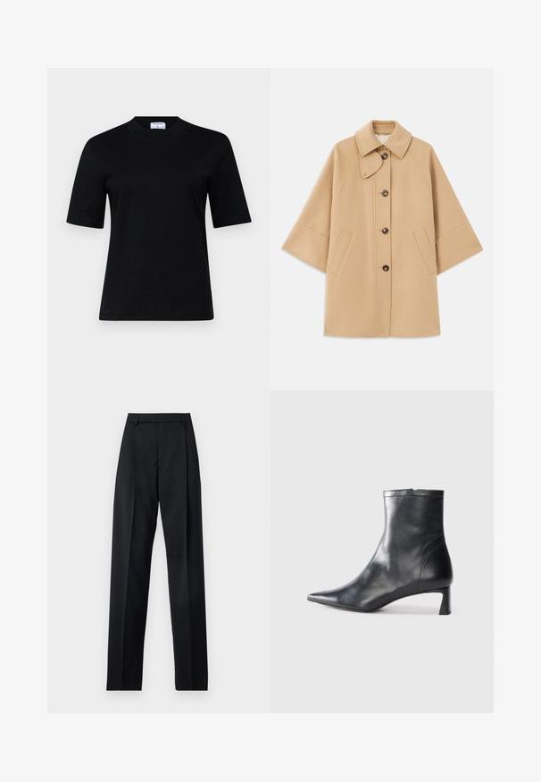 Beige villasekoituksesta valmistettu takki, jossa on klassinen kaulus, etupainikekiinnitys ja sivutaskut; sisältää raglan-hihat ja siistin, jämäkän muotoilun.; Musta lyhythihainen t-paita, joka on tehty pehmeästä materiaalista, pyöreällä kaula-aukolla ja suoraan leikkauksella; ominaisuuksiin kuuluu minimalistinen muotoilu ilman näkyviä kuvioita.; Musta housut, jotka on valmistettu sileästä kankaasta ja joissa on korkea vyötärö, leveät lahkeet, etukaarteet ja klassiset vyölenkit. Ei näkyviä sivutaskuja.; Musta nahkainen nilkkabotti, jossa on teräväkärkinen muotoilu ja tyylikäs design. Varusteena matala korko ja takana vetoketjukiinnitys. Sileä pinta.