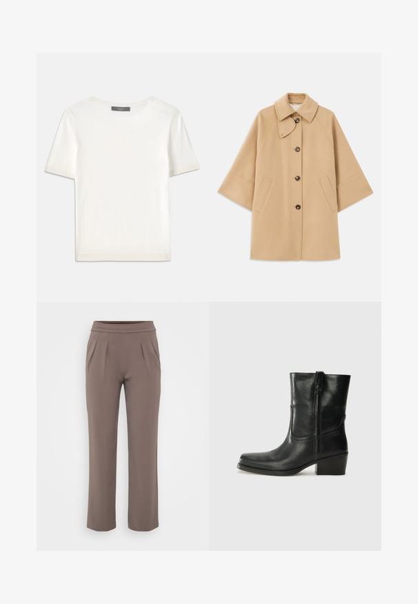 Abrigo de mezcla de lana color beige con un cuello clásico, cierre delantero de botones y bolsillos laterales; presenta mangas raglán y un diseño limpio y estructurado.; Top de punto corto de manga blanca con cuello redondo, que presenta una textura suave y sutiles detalles acanalados en las mangas y el dobladillo.; Pantalones sueltos color topo con cinturilla elástica y pliegues frontales, hechos de una tela suave.; Botín negro de cuero hasta el tobillo con punta redondeada, tacón cuadrado, cremallera lateral y detalles de costura en el empeine. Textura suave, diseño clásico.