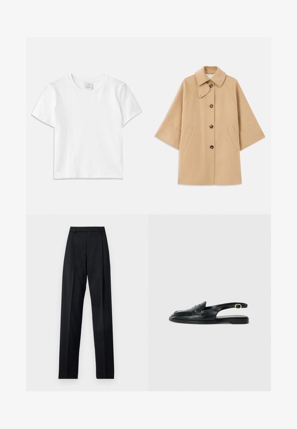 Beige ullblandad kappa med klassisk krage, framknäppning med knappar och sidofickor; har raglanärmar och en ren, strukturerad design.; Vit bomull t-shirt med rund halsringning, korta ärmar och rak fåll. Etikett märkt "Won Hundred" i mitten av halsringningen.; Svarta byxor i mjukt tyg med hög midja, vida ben, framfickor och klassiska bältesöglor. Inga sidofickor synliga.; Svart läder slingback-sko med rund tå, platt sula, sidokut och rem med guldfärgad detaljer.