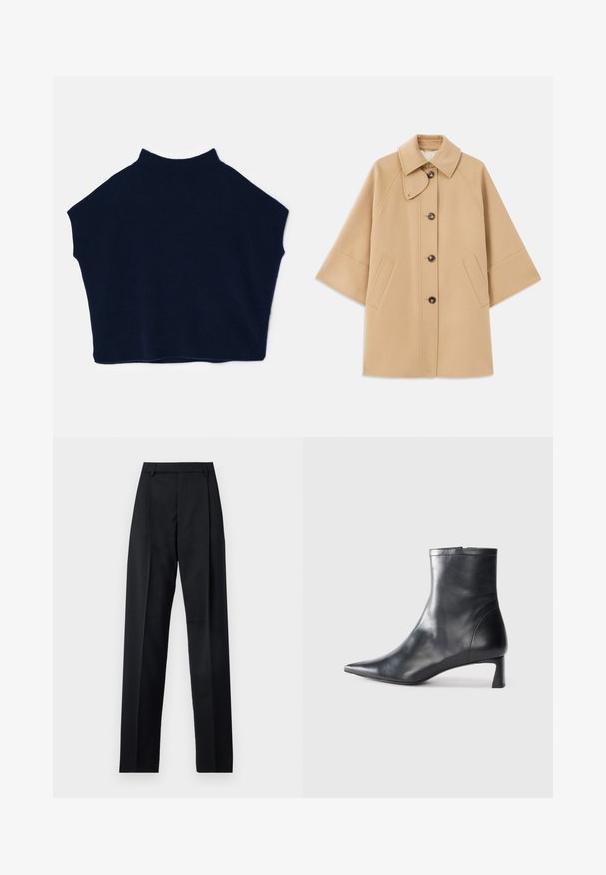 Cappotto in misto lana beige con colletto classico, chiusura frontale con bottoni e tasche laterali; presenta maniche a raglan e un design pulito e strutturato.; Filippa K XIMENA - T-shirt basic - navy; Pantaloni neri realizzati in tessuto morbido, caratterizzati da vita alta, gambe larghe, pince frontali e classiche passanti per cintura. Non ci sono tasche laterali visibili.; Stivaletto in pelle nera con punta affusolata e design elegante. Presenta un tacco basso e una chiusura con zip sul retro. Texture liscia.
