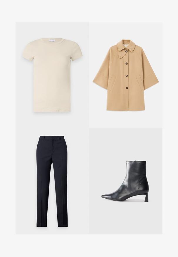 Beige Wollmischungsjacke mit klassischem Kragen, durchgehender Knopfleiste und Seitentaschen; verfügt über Raglanärmel und ein sauberes, strukturiertes Design.; Cremefarbendes, geripptes Kurzarm-T-Shirt mit rundem Halsausschnitt, ausweichem, dehnbarem Material gefertigt. Schlichtes Design und taillierte Form.; Marineblaue Tailored-Hosen mit geradem Schnitt, ausgestattet mit glattem Material, zwei frontalen Taschen und einem schlichten Bund.; Schwarze Lederstiefelette mit spitzer Zehe und schlankem Design. Verfügt über einen niedrigen Absatz und einen Reißverschluss hinten. Glatte Textur.