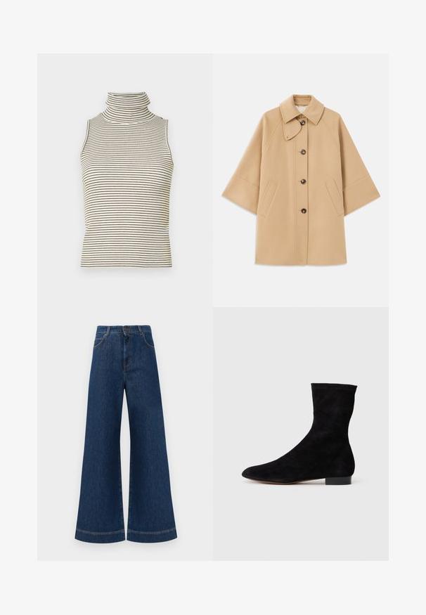 Beež villasegu jakk klassikalise kraega, ees nuppude sulgemise ja küljetaskutega; omab raglan-varrukaid ja puhtalt, struktureeritud disaini.; Varrukateta turtleneck-särk, millel on vertikaalsed mustad ja valged triibud, valmistatud tekstureeritud kudumkangast ning millel on kõrge ja tihedalt istuv krae.; Laia siniste denim pükste suur jalg, kõrge vöökoht, nupuga kinnitamine, vöökohad ja peened õmblusdetailid taskute ja äärte ääres.; Musthave mustan nahast pahkluu saabas, millel on kitsas vars, terav nina ja madal plokk-konts. Pehme tekstuur ja minimalistlik disain, sobib mitmekesiseks stiliseerimiseks.