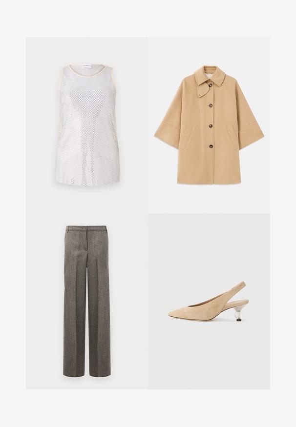 Bežna volnena jopica s klasičnim ovratnikom, sprednjim gumbom za zapiranje in stranskimi žepi; ima raglan rokave in čist, strukturiran dizajn.; Majica brez rokavov iz mrežastega materiala v svetlo sivi barvi, s krožnim izrezom in subtilnim bež pasom. Tkanina ima mrežasto teksturo z enakomerno razporejenimi luknjami.; Sive vzorčaste hlače s prilagojenim dizajnom, širokimi nogami in gladko teksturo, ki imajo raven sprednji del in zanke za pas.; Bežna suknja s peto s prozornim, okruglim petom. Gladak tekstura in minimalističen dizajn.