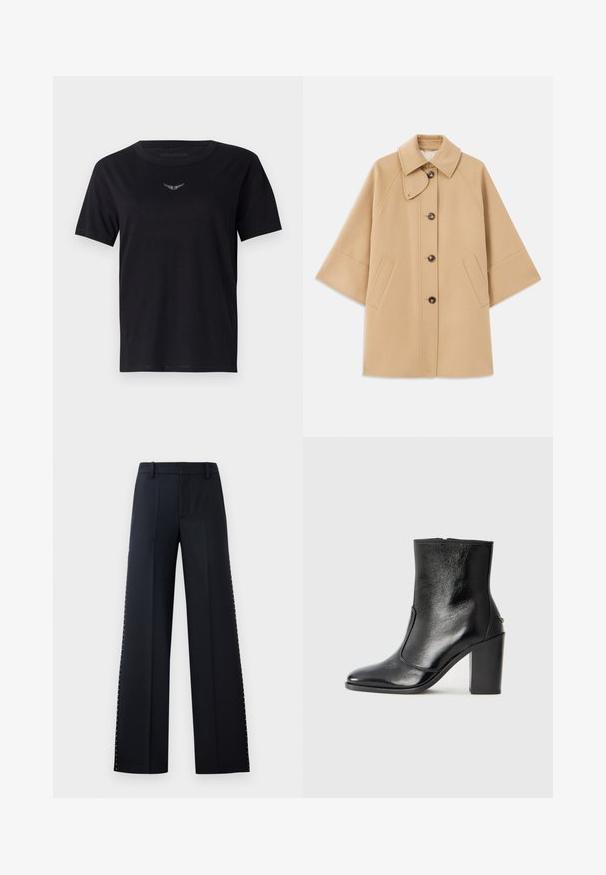 Casaco em mistura de lã bege com colarinho clássico, fecho frontal com botões e bolsos laterais; possui mangas raglan e um design limpo e estruturado.; T-shirt de algodão preto com gola redonda, mangas curtas e um logotipo texturizado discreto em prata no peito. Acabamento de tecido suave.; Calças de perna larga em preto. Corte ajustado com uma textura suave. Apresenta uma fileira de tachas metálicas ao longo das costuras laterais para detalhe.; Bota ankle preta em pele com uma textura suave, bico fino e um salto alto robusto. Apresenta uma abertura lateral e um design minimalista.
