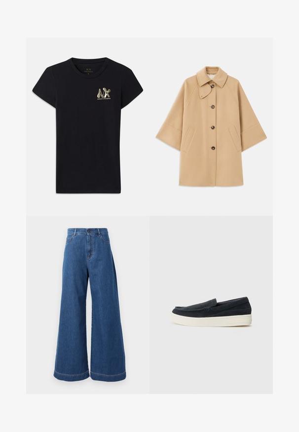 Beige wool blend coat with a classic collar, front button closure, and side pockets; features raglan sleeves and a clean, structured design.; Black cotton T-shirt with short sleeves, featuring a gold logo of "A|X" and "ARMANI EXCHANGE" on the left chest. Standard crew neck design.; Wide-leg jeans in medium blue denim, featuring a high waistband, front pockets, and contrast stitching along the seams and hems.; Navy suede slip-on shoes with a rounded toe, contrasting white rubber sole, and minimal stitching detail along the seams.