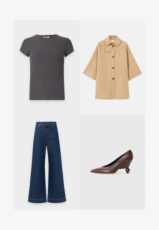 Palton din lână bej, cu un guler clasic, închidere frontală cu nasturi și buzunare laterale; are mâneci raglan și un design curat, structurat.; Tricou scurt cu mânecă scurtă, de culoare gri, cu decolteu rotund. Confecționat dintr-un material moale, având un model texturat și o siluetă ajustată.; Jeans din denim albastru cu picioare largi și talie înaltă, având închidere cu buton, bucle pentru curea și detalii discrete de cusut pe buzunare și la tivuri.; Pantof cu toc wedge din piele maro, cu bot ascuțit și tobă rotundă, în formă de bilă. Textură netedă, cu un design simplu și accente minime.